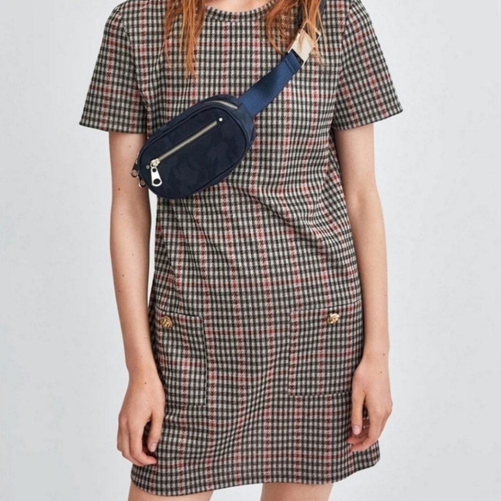 Zara Houndstooth Trafaluc Brown Black Red SHIFT Dress Size Small Polyester - Picture 1 of 16